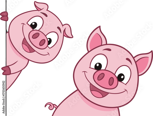 Vector art of two cute cartoon pigs peeking around a corner