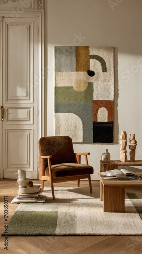 Elegant living room featuring a cozy chair, abstract wall art, and minimalist decor in a sunlit space