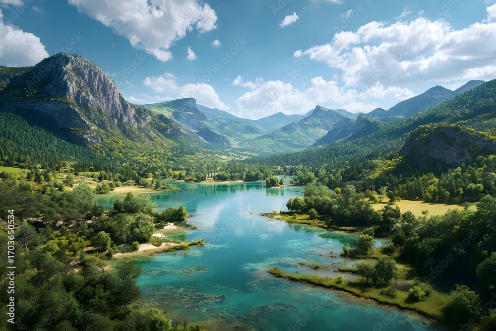Obraz premium Beautiful, lush green mountains with a clear blue river flowing through the valley under a bright blue sky with white clouds.