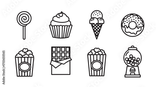 Collection of sweet treats and snacks in a simple outline silhouette style