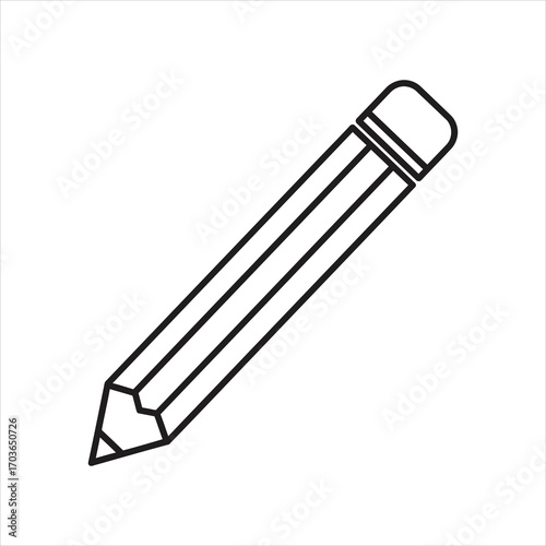 Black outline of a graphite pencil with an eraser on a white background writing drawing