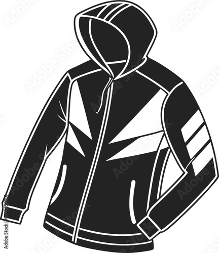 Vector art of black and white illustration of a hooded jacket with geometric patterns and stripes on the sleeve, isolated on a