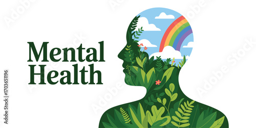 Mental Health awareness illustration with nature-filled human silhouette, rainbow sky, birds, and green foliage symbolizing peace and well-being