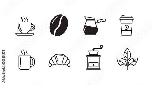 Collection of coffee related icons in a simple black and white silhouette style