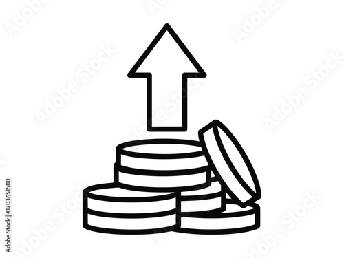 Illustration of stacked coins with an upward pointing arrow symbolizing financial growth