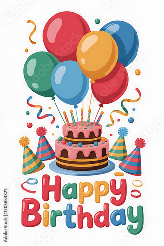 Birthday cake with colorful balloons and party hats.
