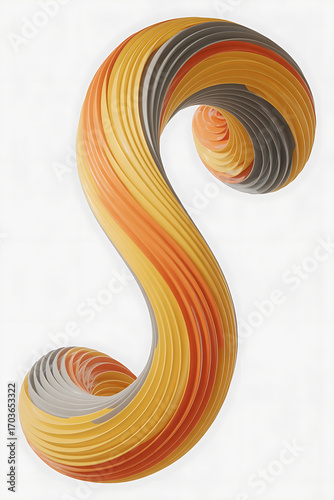 Abstract S shape, swirling layers of orange, yellow, and gray.
