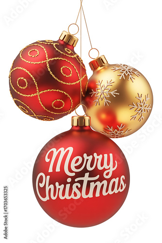 Three Christmas ornaments, red and gold, wishing a Merry Christmas.
