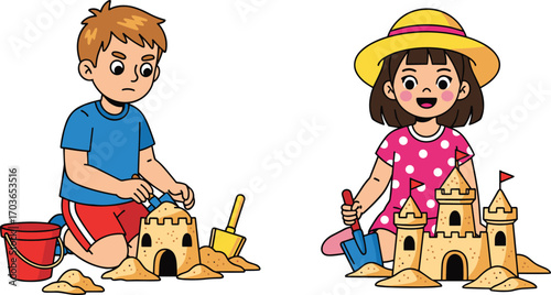Cartoon boy and girl building sandcastles, summer beach activity, children playing with sand toys, happy 