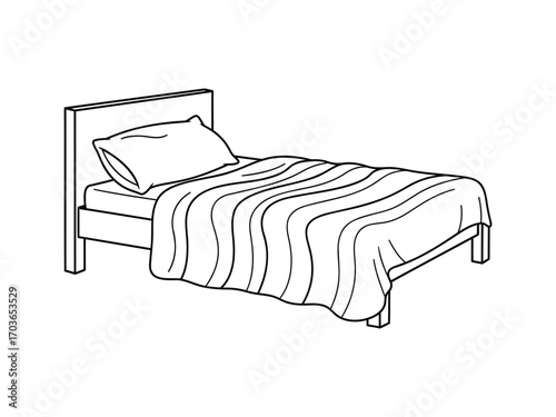 Simple line drawing of a single bed with pillow and blanket