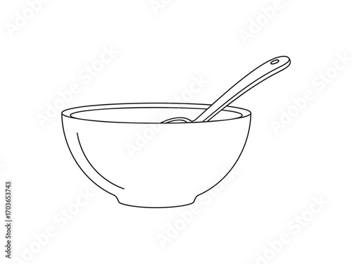 Simple hand drawn outline of a bowl of soup with a spoon