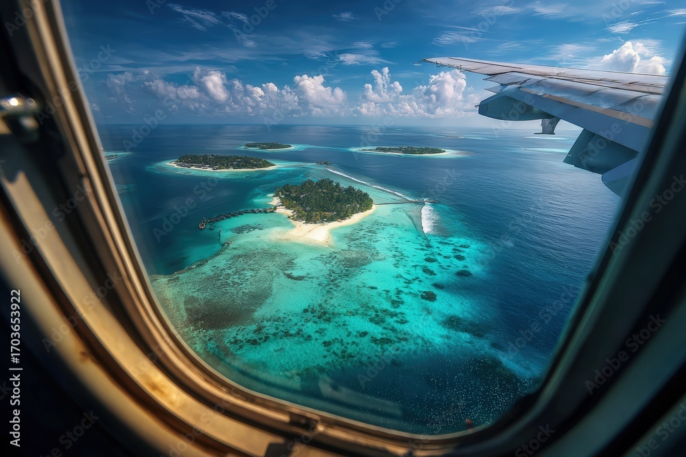 Fototapeta premium Aerial view of tropical islands from an airplane window