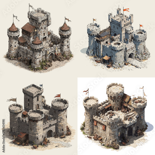Illustrations of medieval stone castles with towers, gates, and flags, symbolizing ancient fortifications, history, and European architectural heritage.