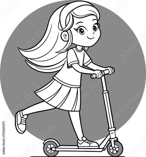 Vector art of cute cartoon girl riding a scooter