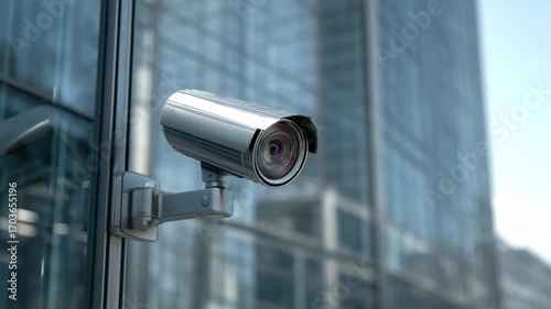 City Surveillance Sentinel: A high-definition security camera keeps watchful vigilance over a modern glass skyscraper, symbolizing urban safety and constant monitoring in a metropolitan setting.