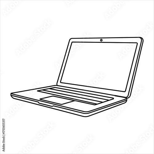 Black outline of an open laptop computer on a white background black and white technology
