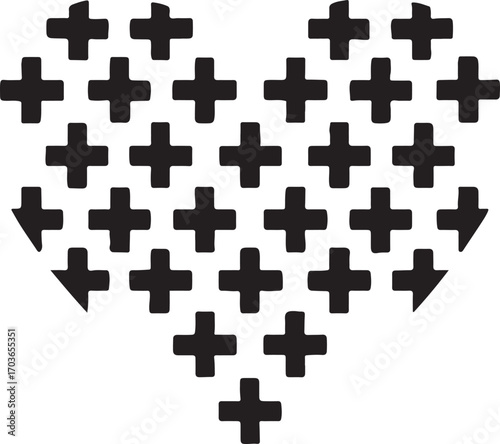 Heart silhouette with plus signs pattern, representing health, care, positivity, love, and medical themes.