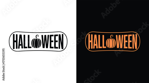 Stylized HALLOWEEN text in black and orange with pumpkin face replacing letter O, split design for festive seasonal decoration or promotion