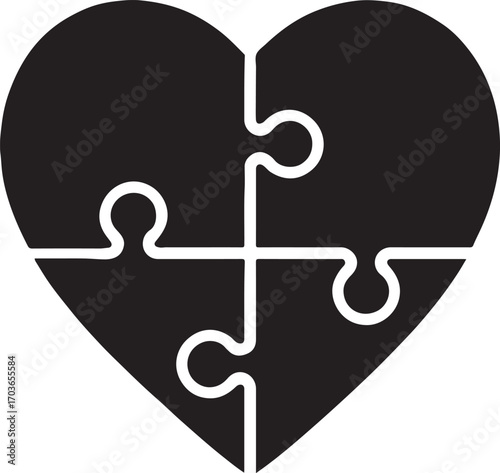 Heart silhouette made of puzzle pieces, symbolizing love, connection, unity, and emotional bonds.