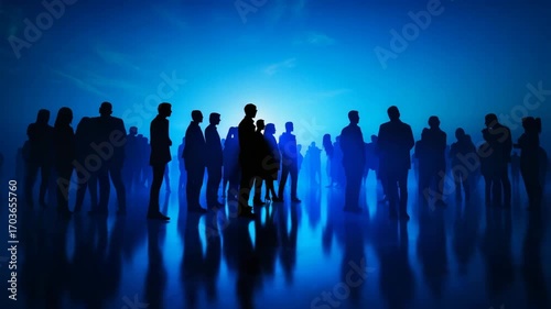 Shadows of people are spread across a glowing floor with many blue lines and lights.