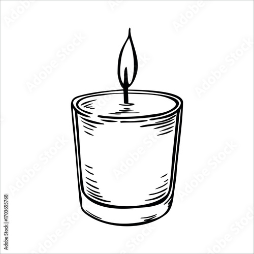 A simple, hand-drawn candle in a glass holder with a small flame. The design is minimalistic and monochrome, suitable for various decorative purposes.