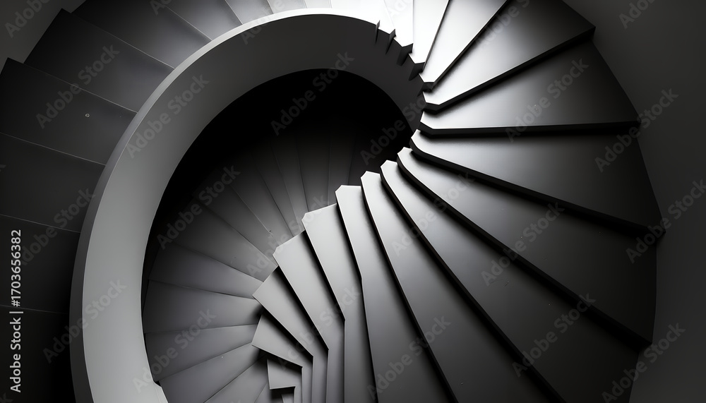 Obraz premium A close-up view of a spiral staircase, showcasing its elegant design and architectural details. The image is presented in monochrome