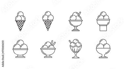 Collection of eight different ice cream desserts in a simple line drawing silhouette style