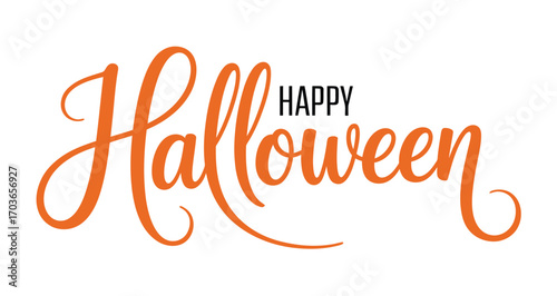Happy Halloween text with bold orange cursive and black uppercase font, festive greeting design for seasonal decoration and celebration