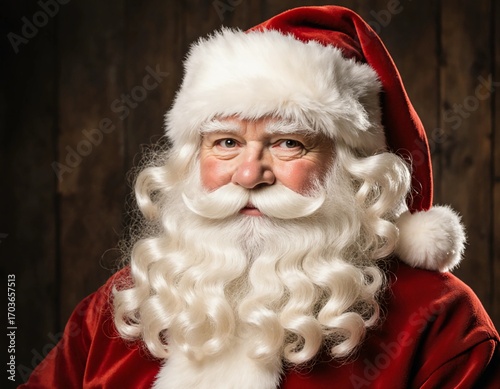 Santa Claus showcases his iconic red outfit and fluffy white beard while radiating warmth and joy in a rustic holiday setting. The festive atmosphere captures the essence of Christmas Generative AI
