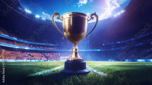 Winner Trophy for Sports Victory in huge Stadium Arena for Soccer, American Football or Sport success.