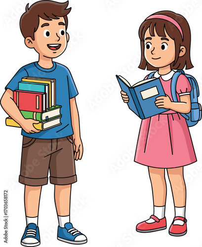 Cartoon school boy and girl standing, holding books, reading, smiling, with backpacks, back to school education concept illustration.