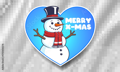 Vector funny smiling cute cartoon kind snowman in hat and red scarf. Toon heart sticker or holiday badge. Merry Christmas and Happy New Year