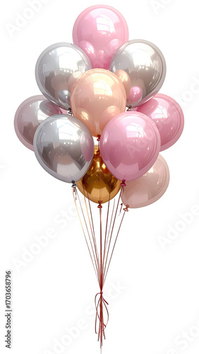 A bunch of colorful balloons in various shades of pink, rose gold, and metallic silver