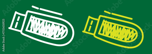 Two stylized depictions of a stadium or arena on a green background