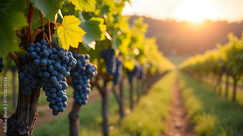 Fototapeta premium Scenic vineyard in harvest season October grapes hanging heavy