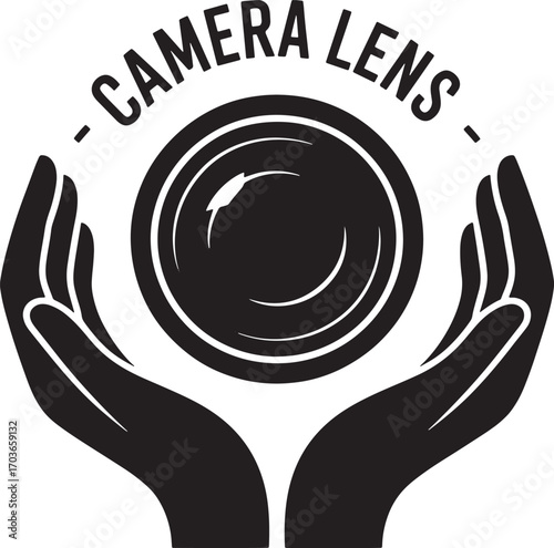 Camera Lens in Hand Silhouette Logo Design Concept for Photography Studio or Equipment Store Branding