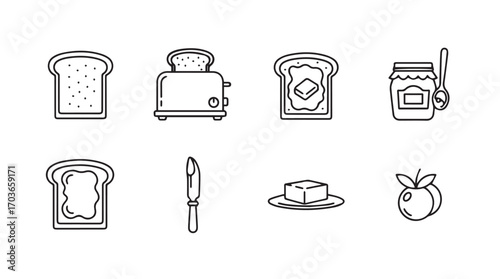 Collection of hand drawn breakfast icons including toast jam butter and fruit silhouette