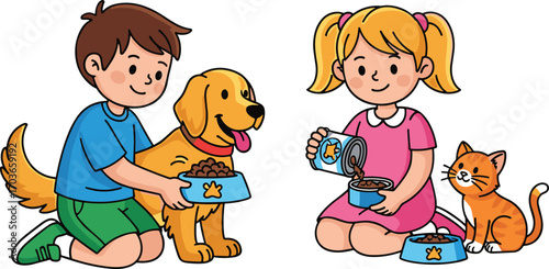 Children feeding happy dog and cat, boy holding dog food bowl, girl pouring cat food, pets, kids caring animals, pet care.