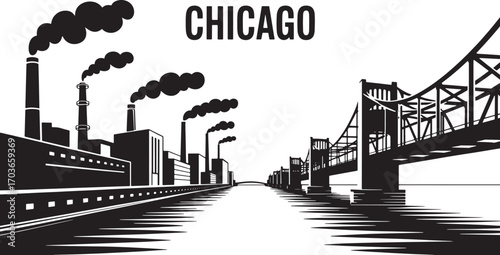 Chicago Cityscape Silhouette with Factories, Bridges, and Smoke on a Transparent Background