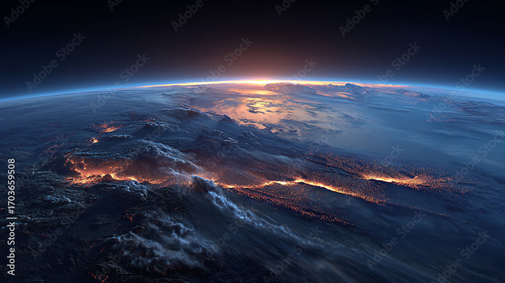 Naklejka premium Earth from space sunrise glowing volcanic landscape