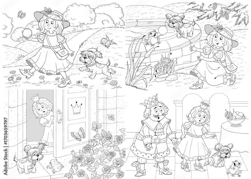 Fototapeta premium The Frog Prince. Fairy tale. Illustration for children. Coloring page. Cute and funny cartoon characters