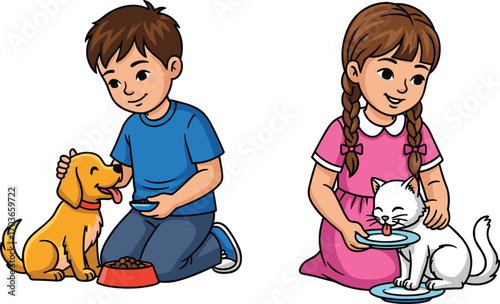 Children feeding and caring pets, boy with dog food bowl, girl feeding white cat, kids loving animals, pet care, happy pets.