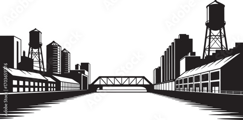 Cityscape Silhouette on Transparent Background Urban Skyline with Buildings and Bridges Vector Illustration