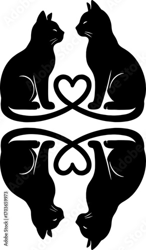 Two Cats Forming Heart Shape with Tails - Romantic Pet Silhouette  vector with white background 
