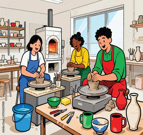 friends doing pottery in studio