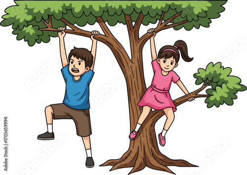 Children playing on tree branches, outdoor activity, cartoon boy and girl climbing tree, fun kids nature playtime illustration, forest adventure