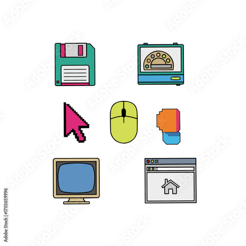 technology, retro, vintage, computer, tech, digital, floppy disk, mouse, cursor, monitor, screen, window, interface, icon, set, nostalgia, old school, internet, user interface, IT, hardware, illustrat