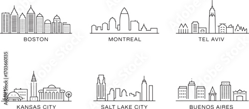 Detailed City Skyline Silhouettes Collection Featuring Boston Montreal Tel Aviv Kansas City and Buenos Aires
