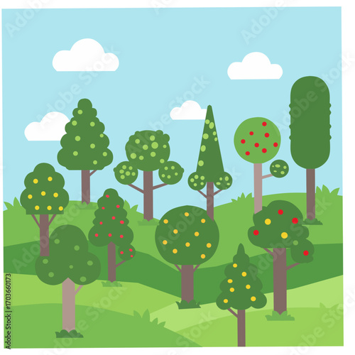 Charming vector landscape of a diverse forest with stylized trees in various shapes and sizes on rolling green hills. A whimsical illustration for nature, ecology, and growth concepts.