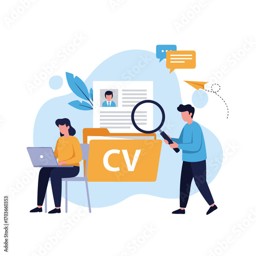 Recruitment and CV analysis with magnifying glass and laptop.